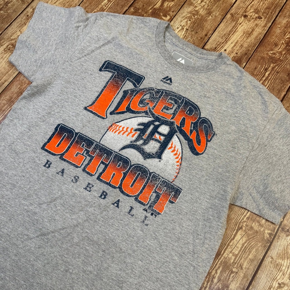 Majestic Detroit Tigers Baseball T Shirt Mens Medium Gray Short Sleeve Graphic